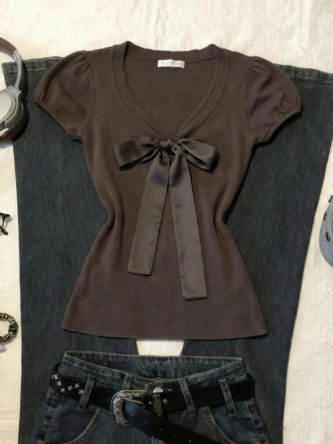 Vintage T-shirt Bow Y2k Slim S - đánh giá và giá Street Fashion Goth